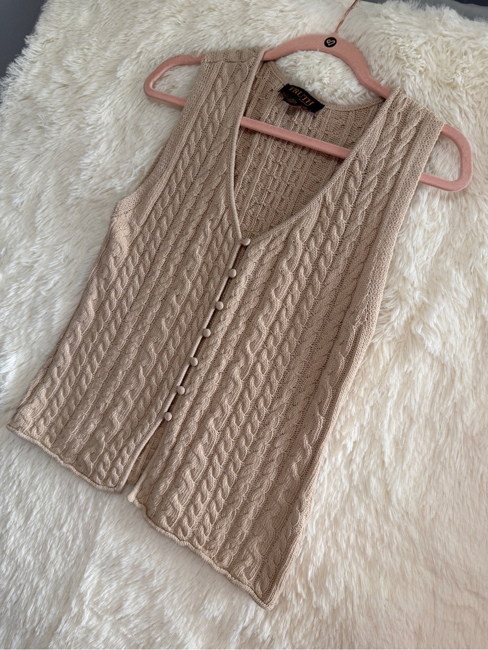Truth By Republic Womens Cable-Knit Sweater Vest M Beige Academia Preppy Cotton